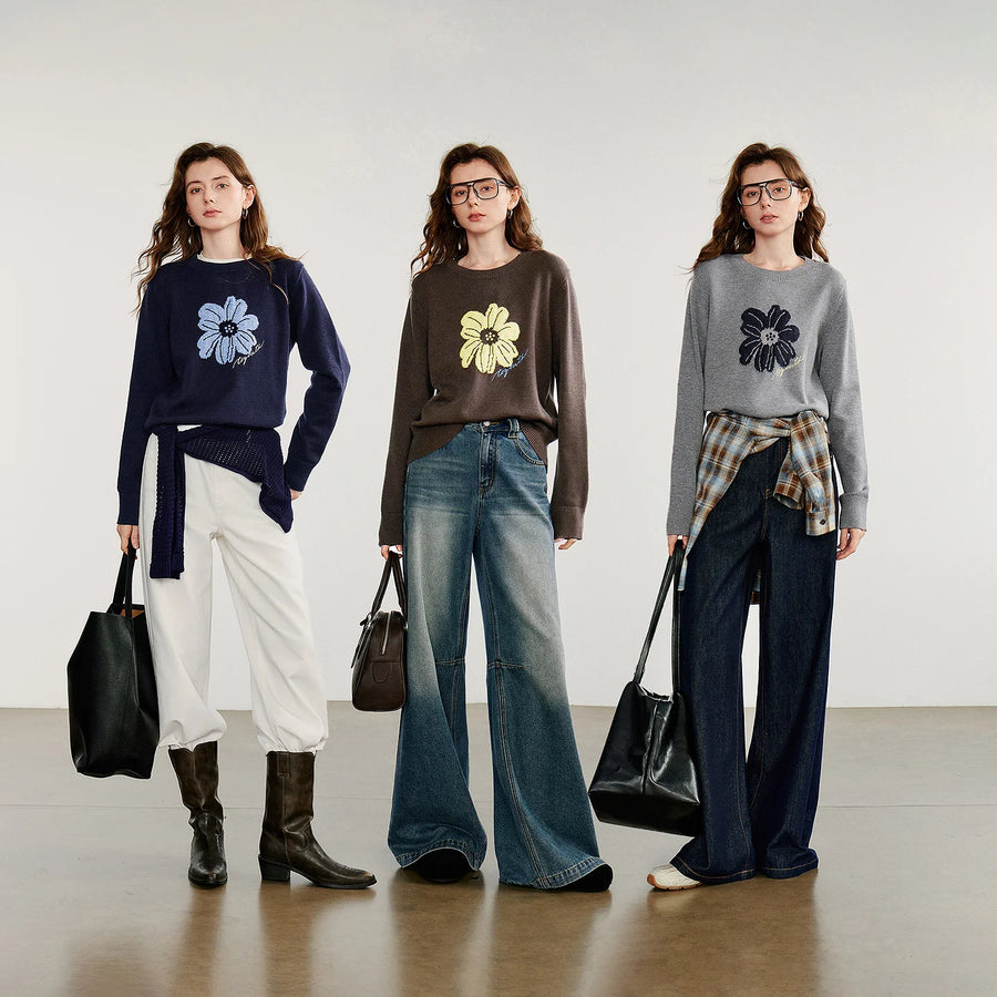 Suéter Floral Jacquard com Manga Longa