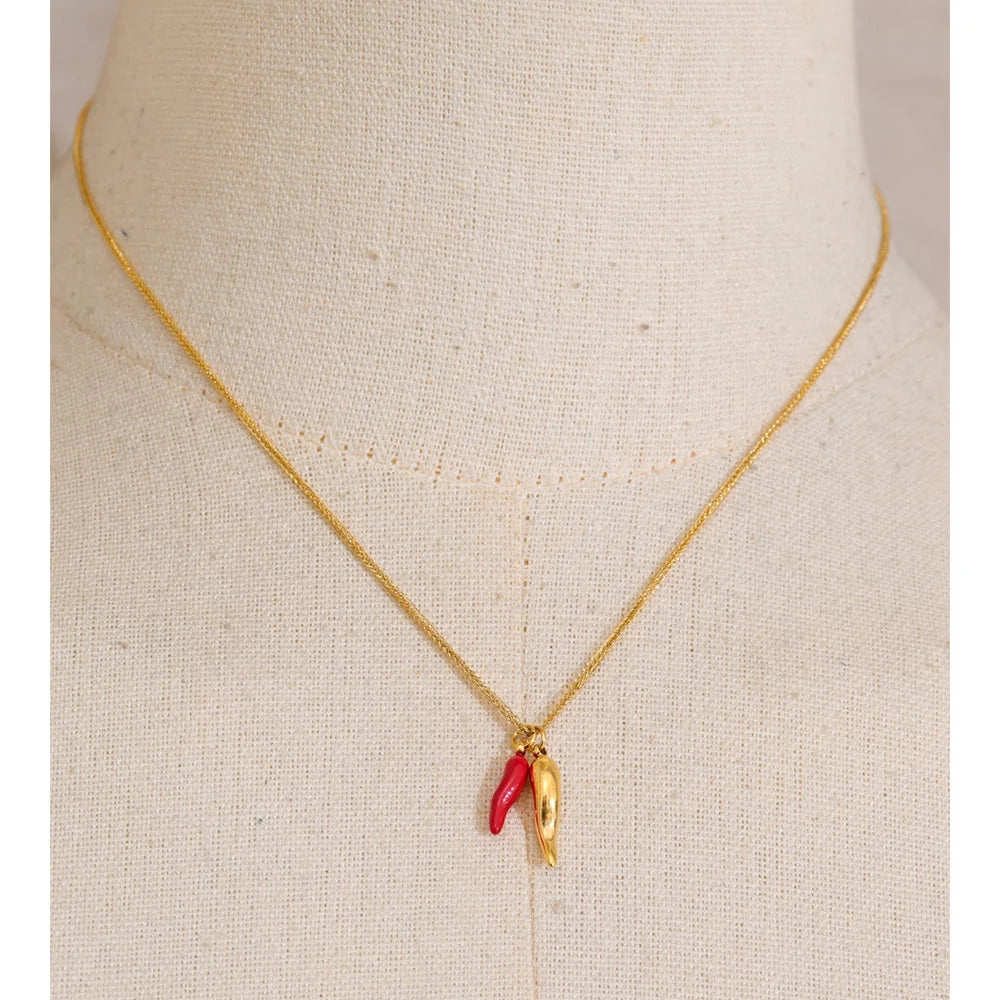 Yhpup Stainless Steel Enamel Red Chili Necklace Pendant Stylish Unique Chic Collar Jewelry Gold & Platinum PVD Plated Waterproof
