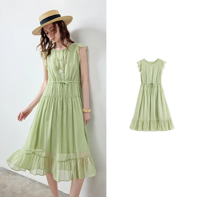 Vestido Midi de Chiffon com Babados e Cintura Marcada Light Green