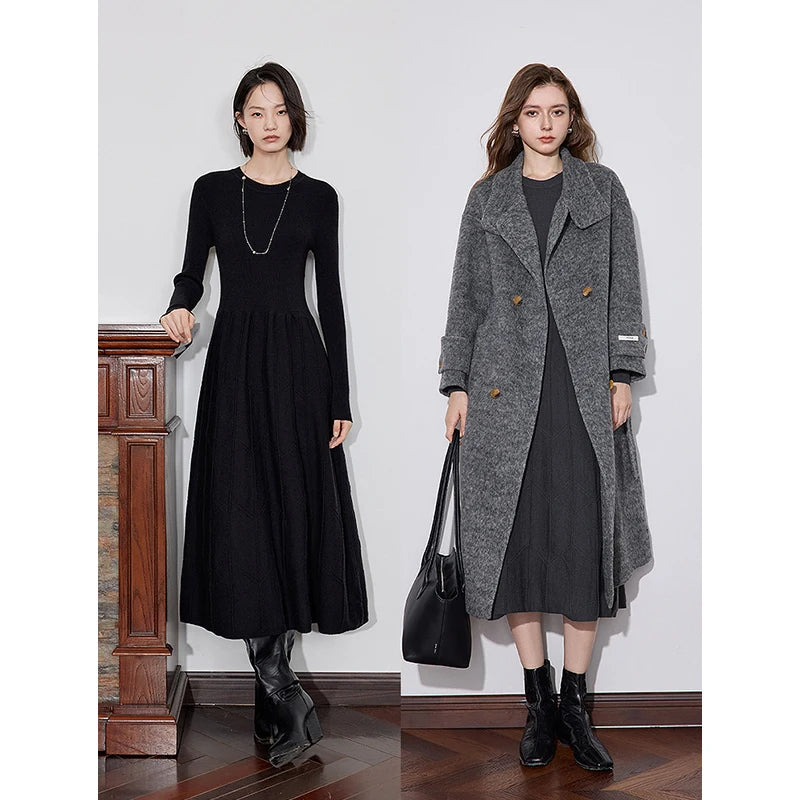 Vestido Midi de Malha Cinza Manga Longa para Inverno