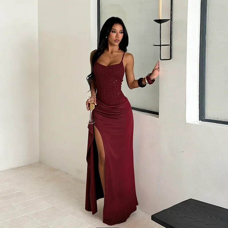Vestido Longo Feminino Texturizado com Pregas e Fenda Alta