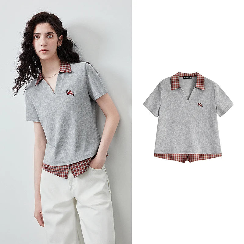 Camiseta Feminina Xadrez com Bordado Pégaso Efeito Duas Peças