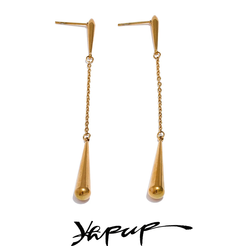 Yhpup 316L Stainless Steel Teardrop Chain Long Hanging Drop Earrings Personalized Fashion Gold Color Prevent Allergy Jewelry