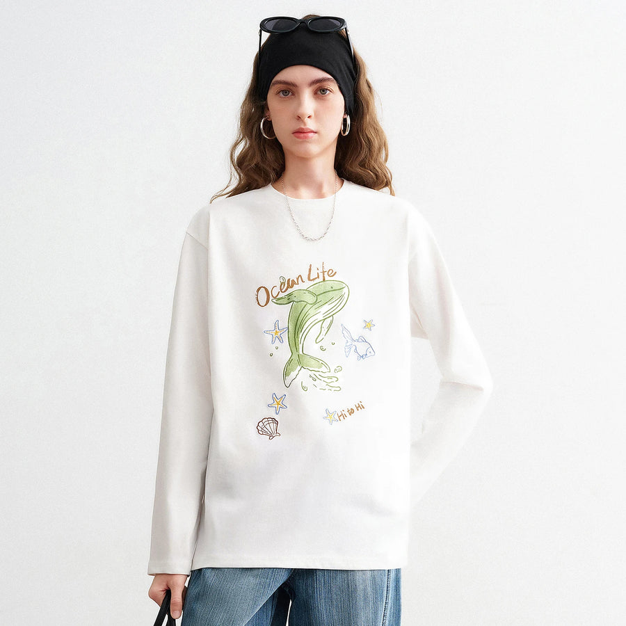 Blusa Feminina de Algodão Manga Longa com Estampa Golfinho