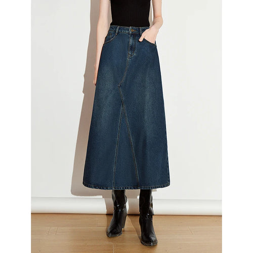 Saia Jeans Midi Feminina com Bolsos Evasê de Liocel