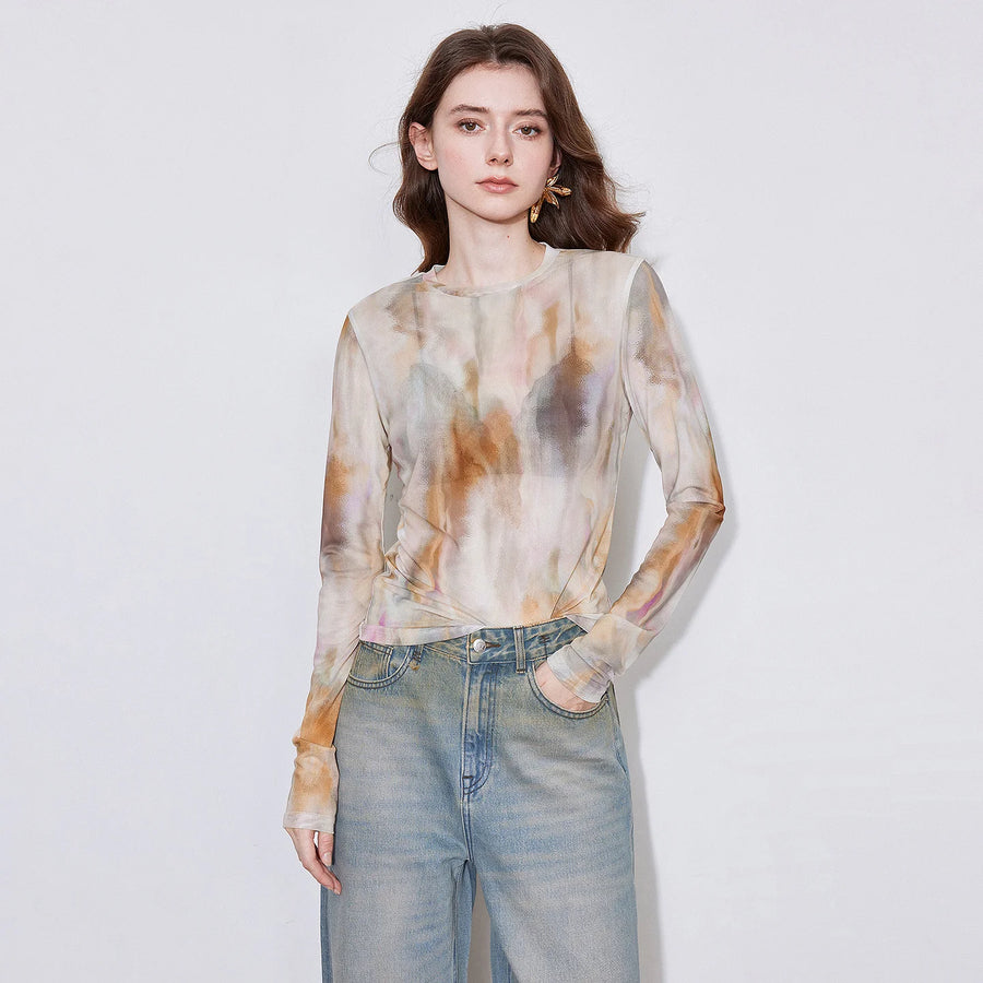 Blusa Feminina de Tule Manga Longa com Patchwork Jeans