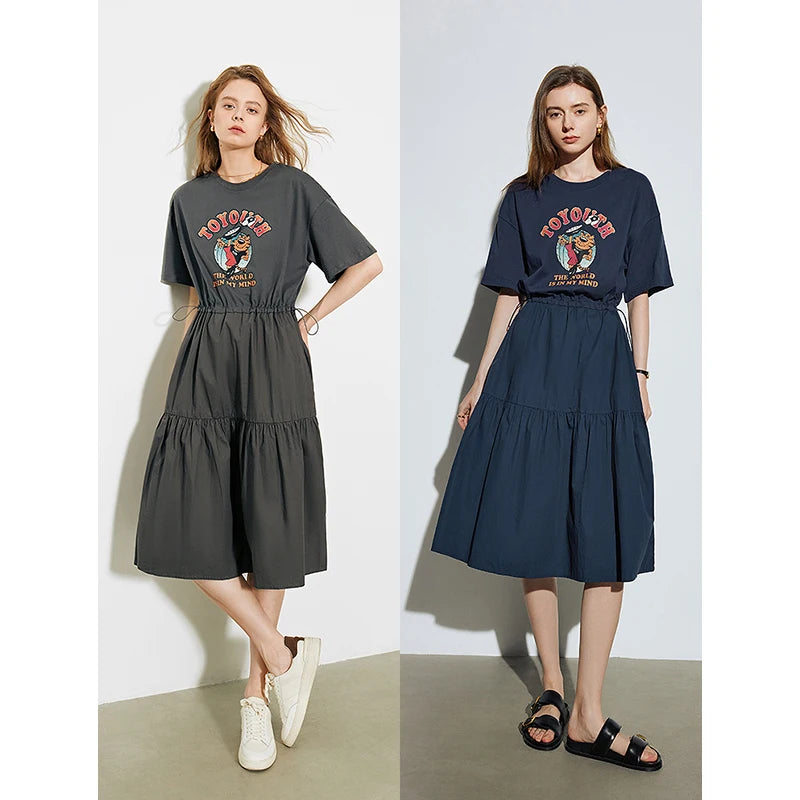 Vestido Camiseta Midi com Estampa e Ajuste por Cordão