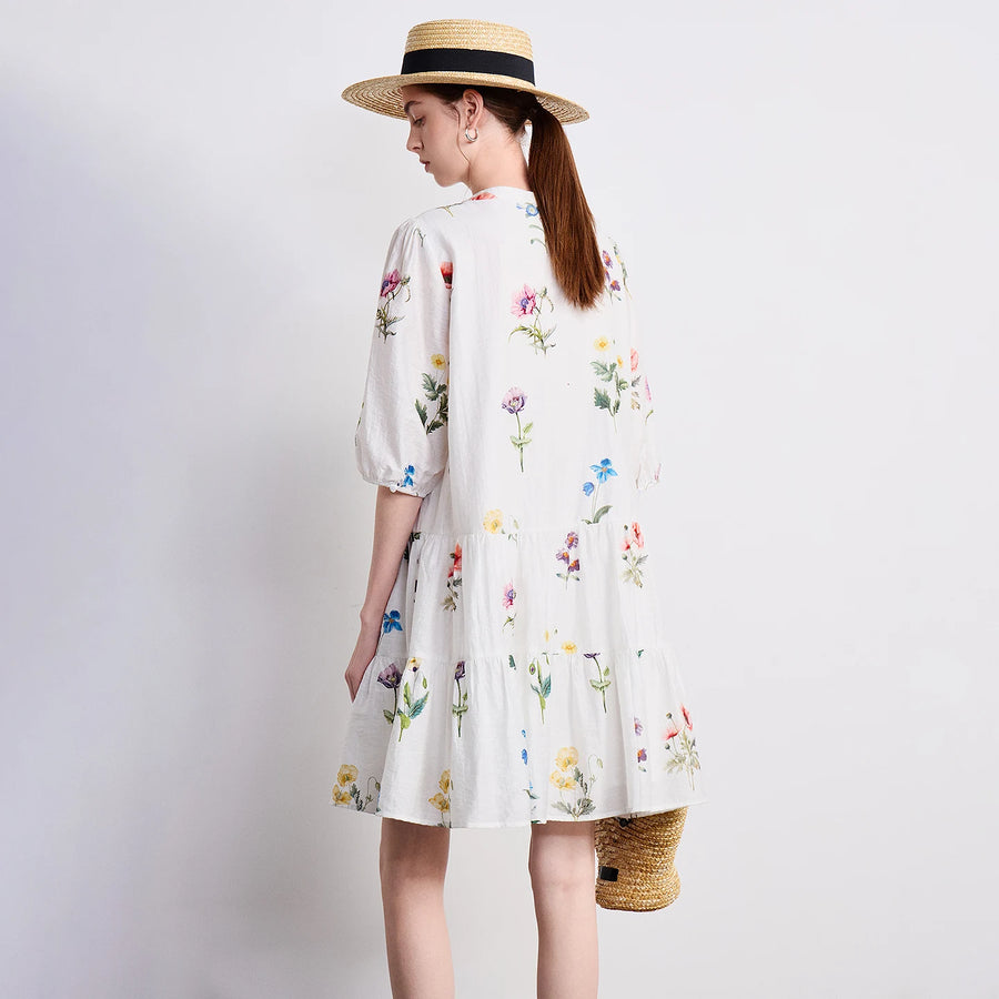 Vestido Curto Floral de Liocel e Linho com Manga Bufante