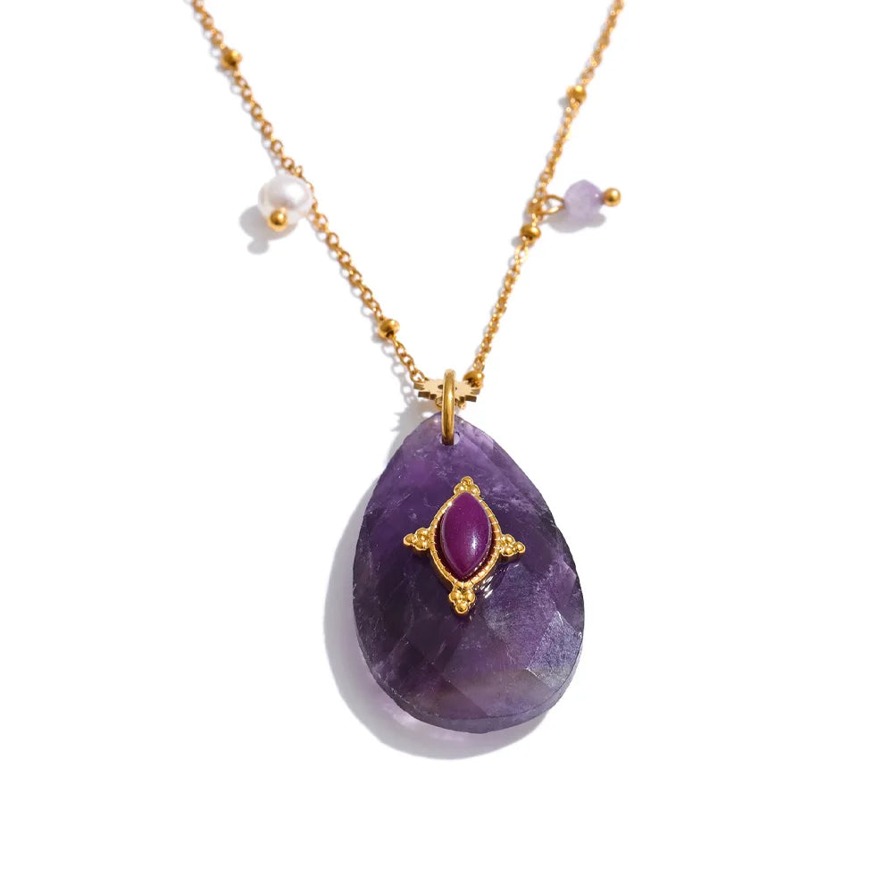 Yhpup 32mm Natural Stone Amazonite Tiger Aventurine Amethyst Drop Pendant Necklace for Women Stainless Steel France Jewelry Gift Amethyst