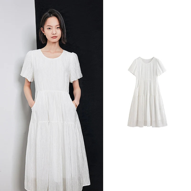 Vestido Midi Plissado com Manga Bufante