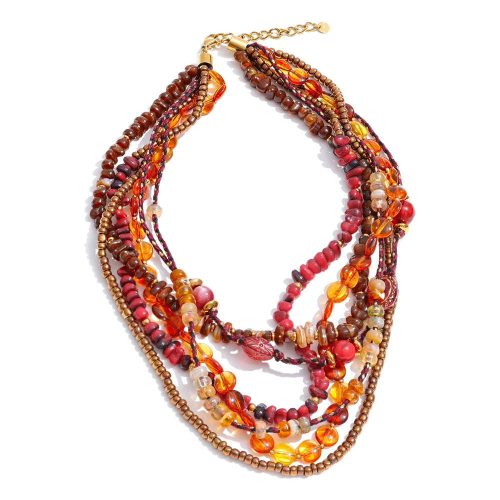 Yhpup Waterproof 2025 Handmade Beads Bohemia Jewelry Autumn Winter Stainless Steel Layered Resin Chain Bib Statement Necklace Necklace Amber