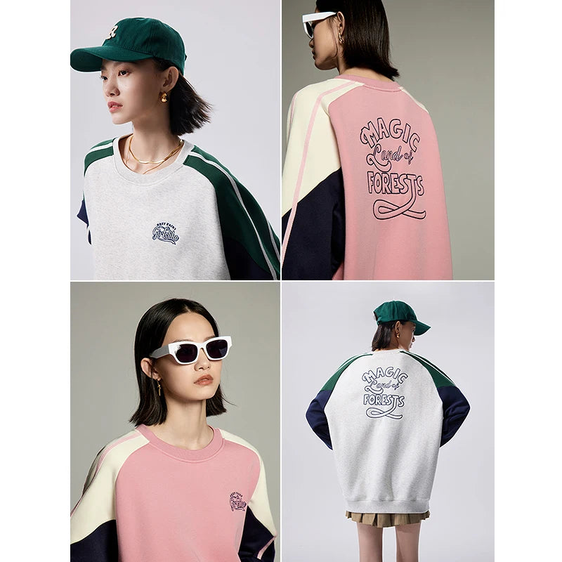 Toyouth Women Sweatshirt 2023 Autumn Long Sleeve O Neck Loose Hoodie Contrast Stitching Casual Sport Outdoor Pullover Tops