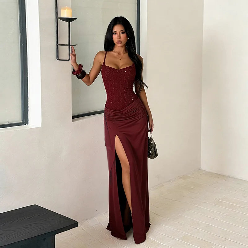 Vestido Longo Feminino Texturizado com Pregas e Fenda Alta