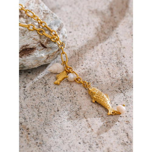 Yhpup Natural Pearls Shell Fish Pendant Chain Necklace 18K Golden PVD Plated Fashion Stainless Steel Charm Waterproof Jewelry