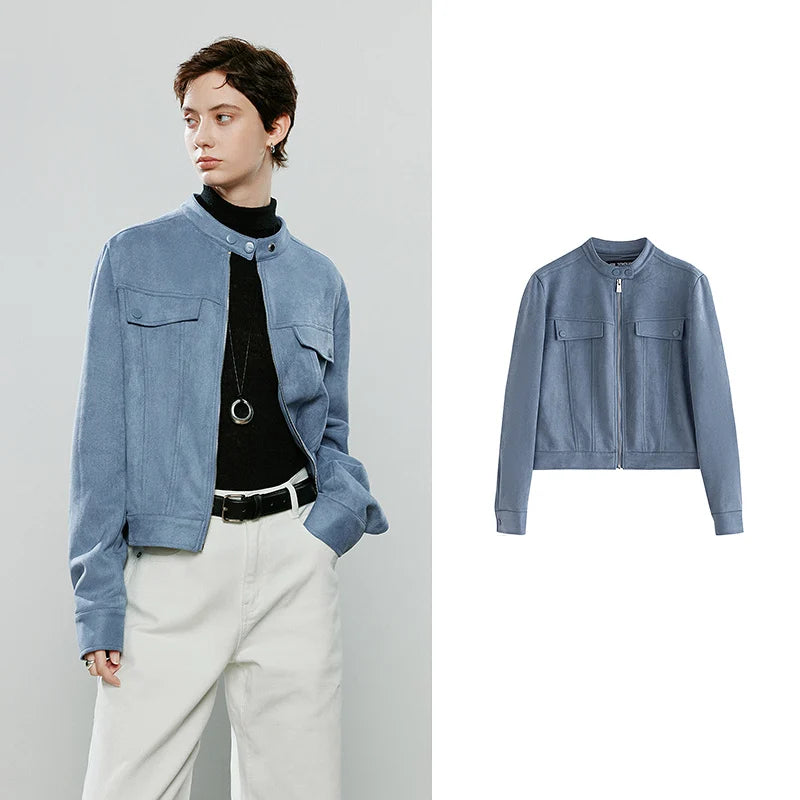 Jaqueta Feminina de Suede Azul Claro com Gola Alta blue