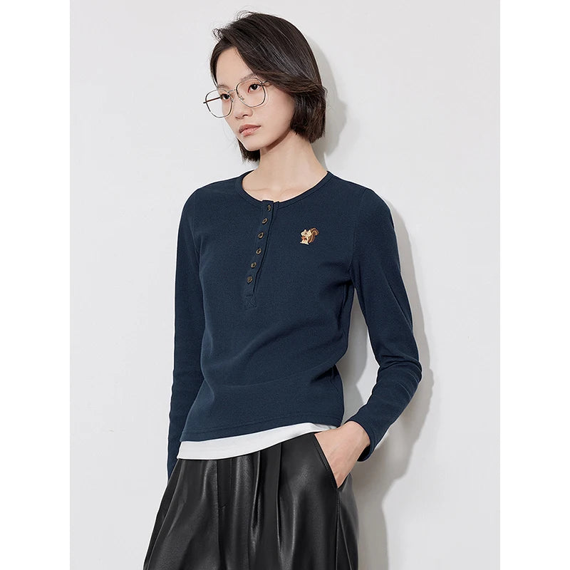 Blusa Feminina de Tricô com Bordado Esquilo Efeito Duas Peças