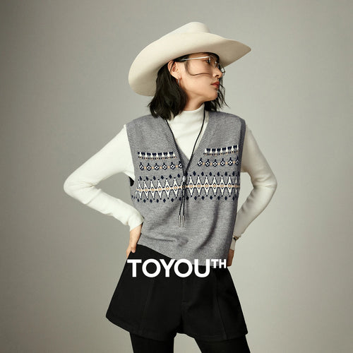 Colete de Tricô Fair Isle com Poás e Decote V