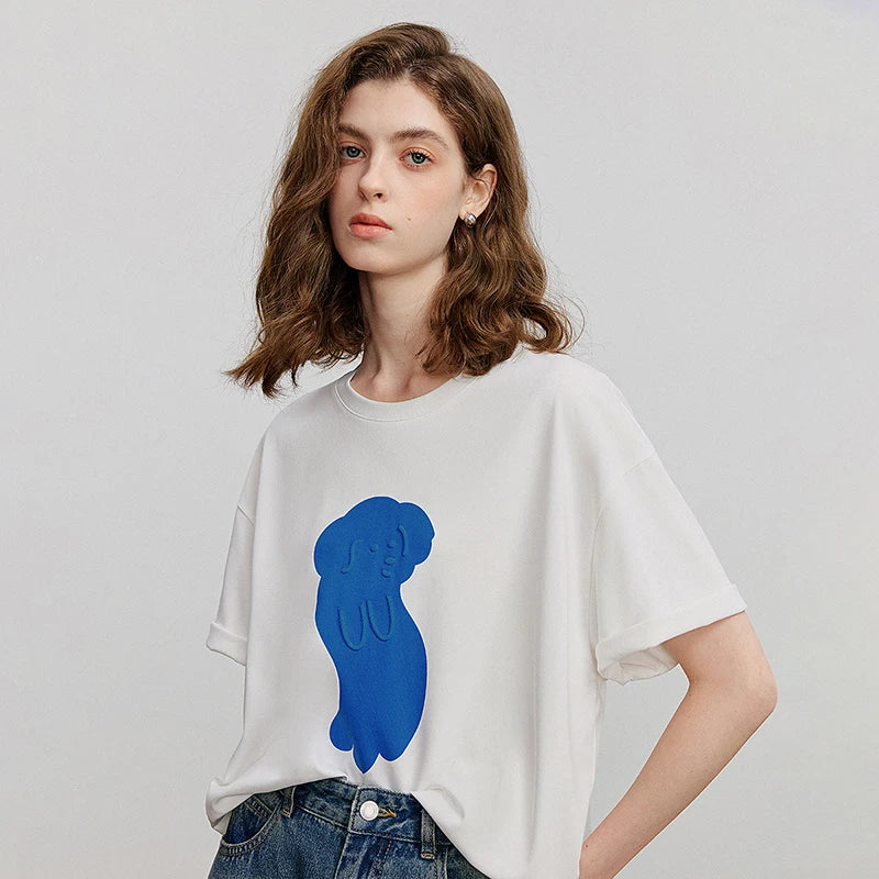 Camiseta Feminina de Algodão com Bordado Cartoon
