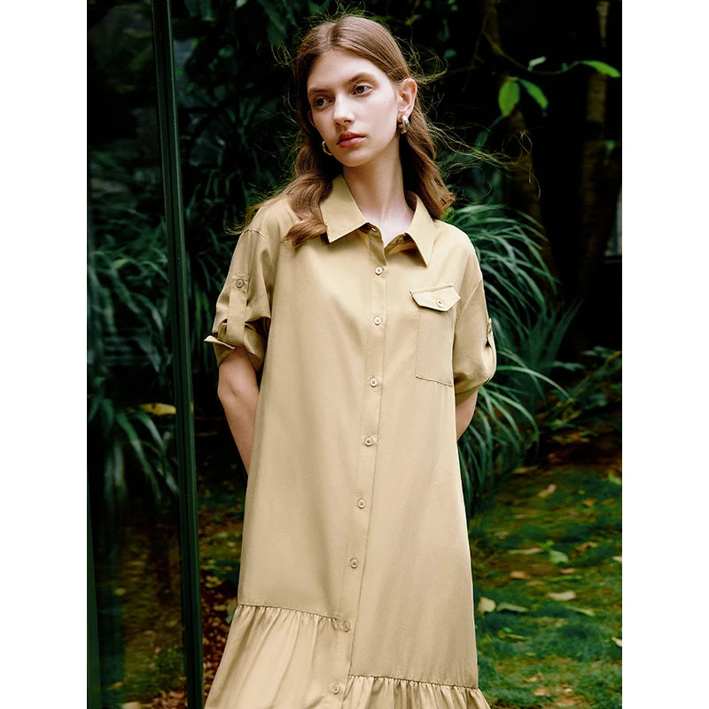 Vestido Chemise Curto em Liocel com Bolsos