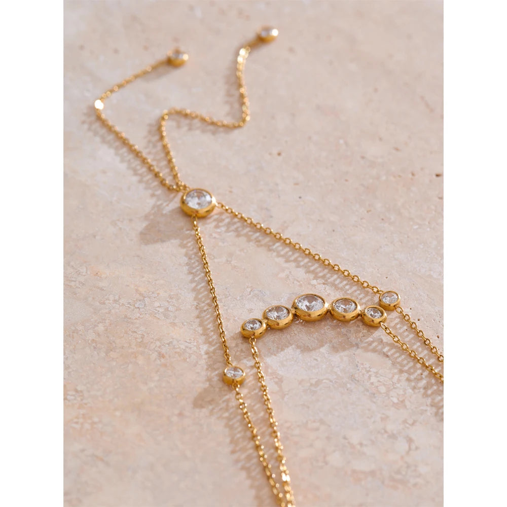 Yhpup Delicate Cubic Zirconia Double-Layer Chain Drop Tassel Luxury Necklace for Women Stainless Steel Exquisite Jewelry Gift