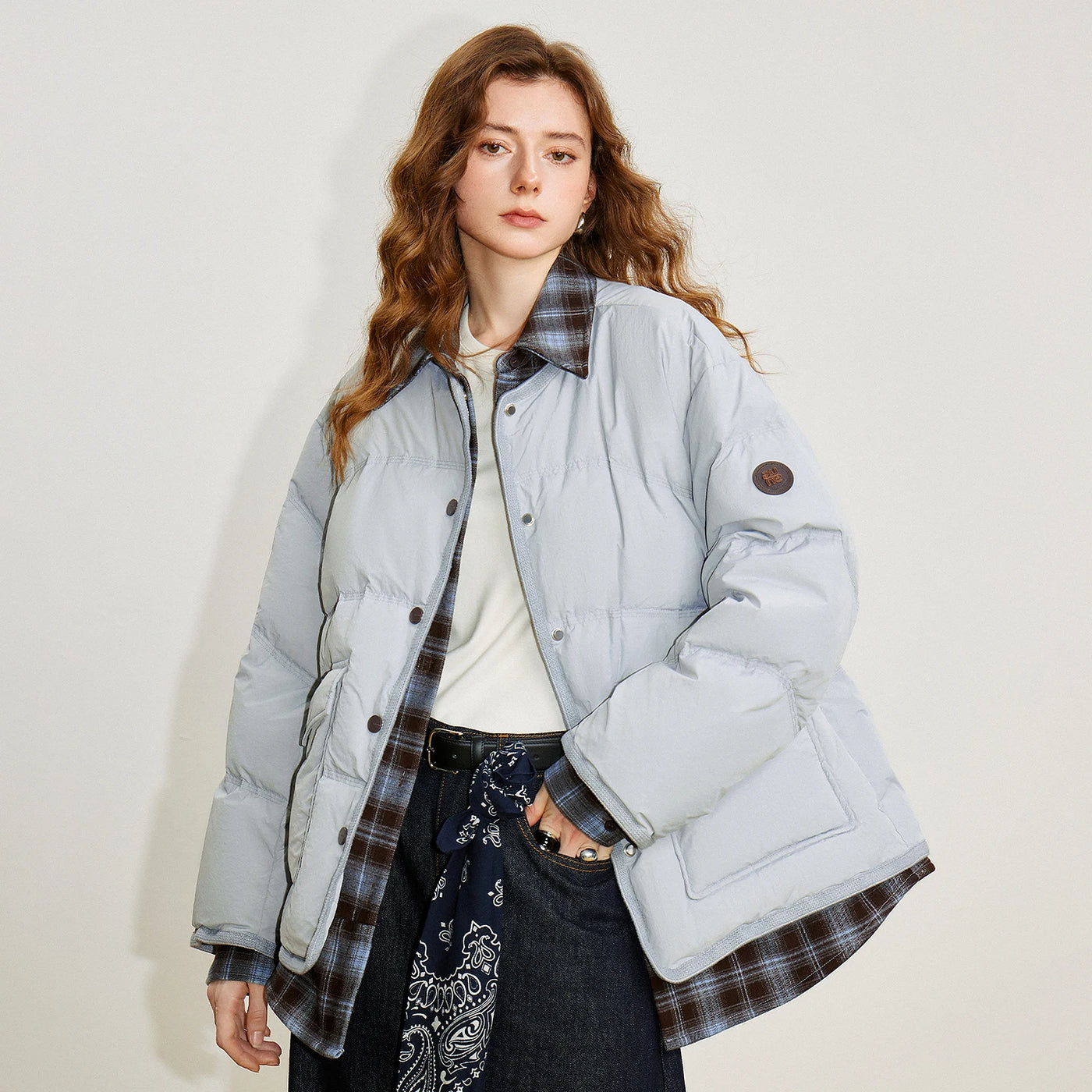 Jaqueta Puffer Feminina 90% Plumas Efeito Duas Peças