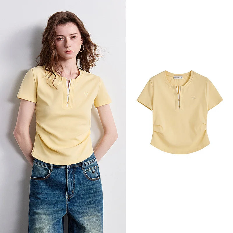 Camiseta Feminina Cropped de Algodão Color Block