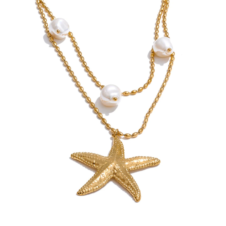 Colar Feminino de Camadas Estrela com Pérola em Aço Inoxidável 2 YH2071A