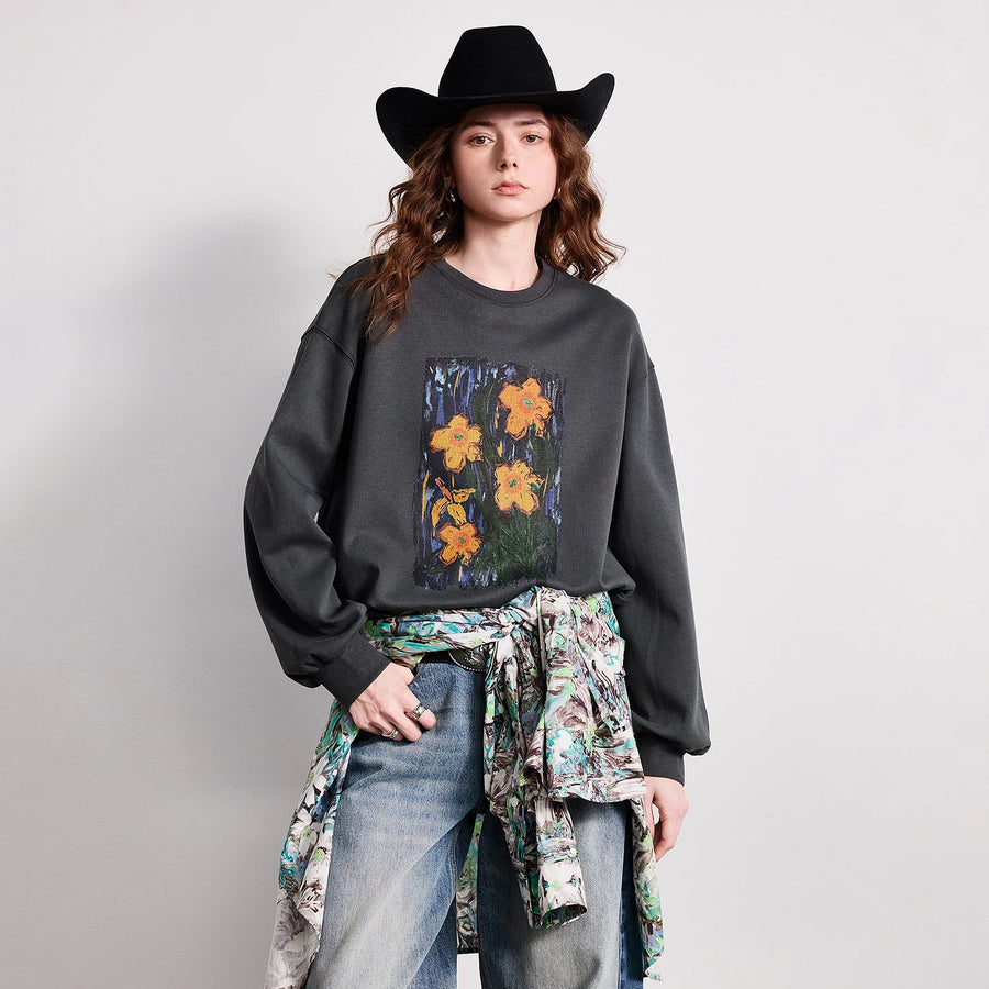 TOYOUTH Women Crew Neck Loose Sweatshirt 2026 Spring New Oil Painting Print Minimalist Chic Casual Top