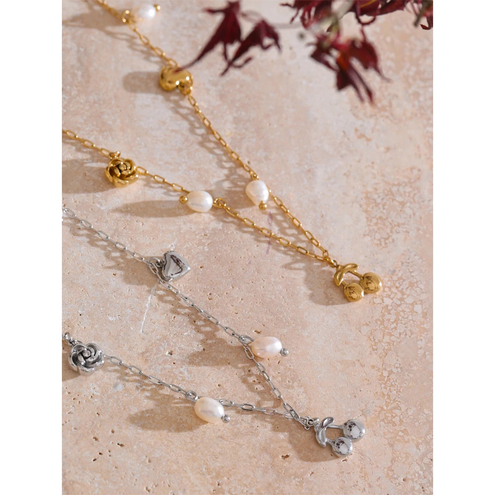 Yhpup Hot Style Natural Pearl Heart Cherry Drop Necklace High Quality Stainless Steel Exquisite Fashion Jewelry for Women