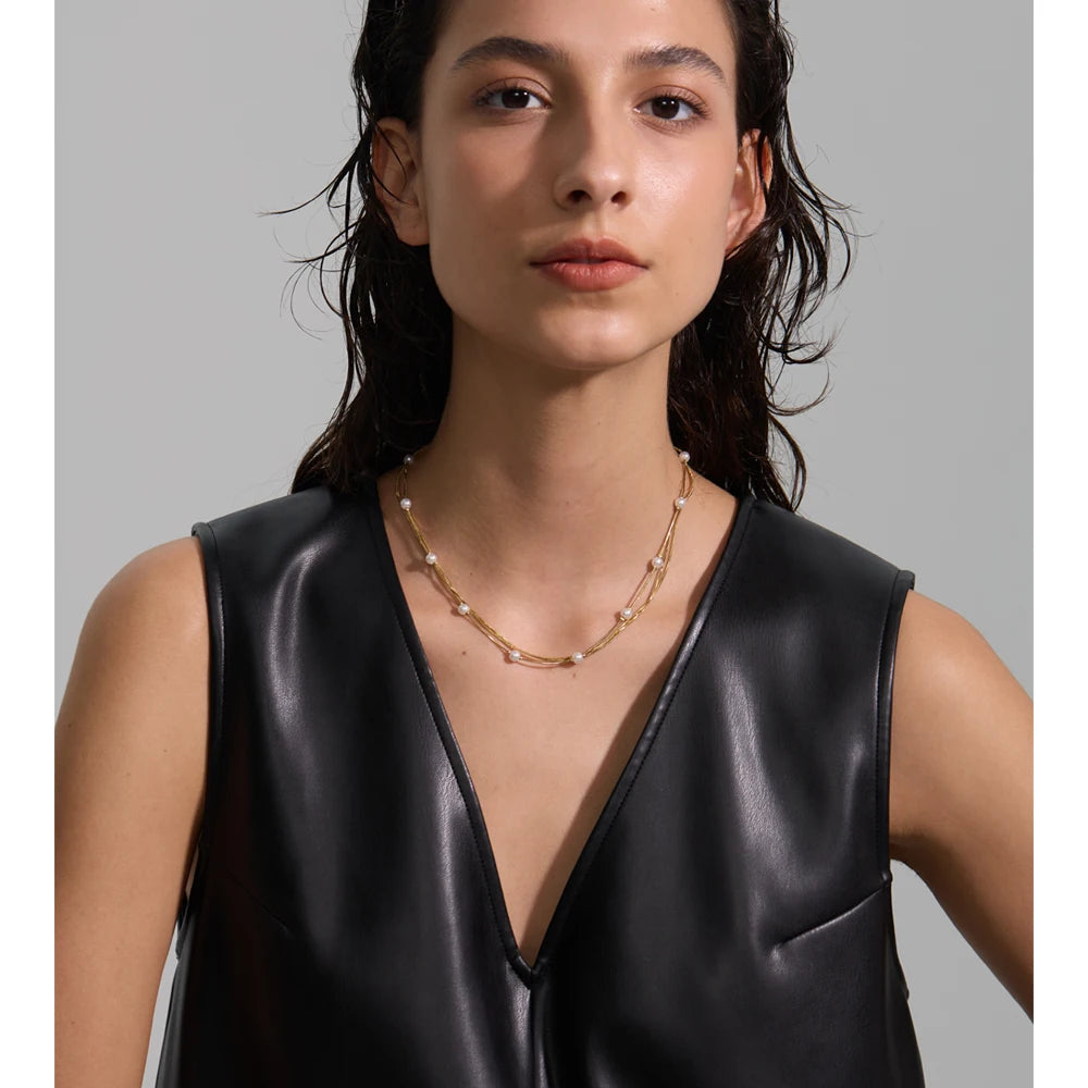 Colar Feminino de Camadas Quadrado com Pérola em Aço Inoxidável