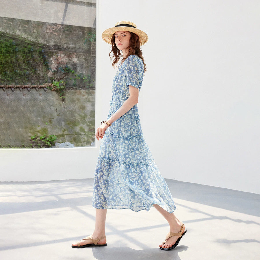 Vestido Longo de Chiffon Floral com Decote V