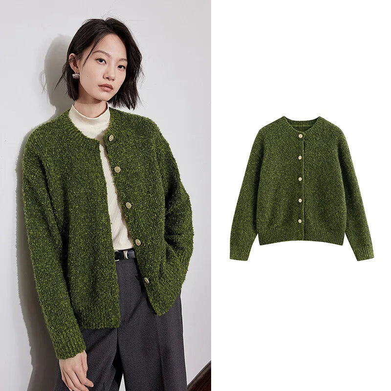 Cardigan Feminino de Tricô Aveludado com Botões