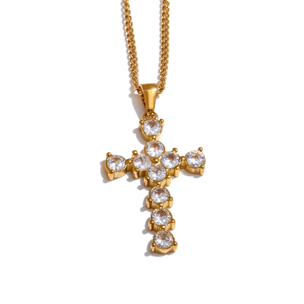 Colar Feminino Cruz com Zircônia em Aço Inoxidável 2 Round Cross