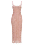 Sexy Spaghetti Strap V Neck Lace Long Dress Women Black Floral Lace Sleeveless Bodycon Dresses Elegant Evening Celebrity Party Pink