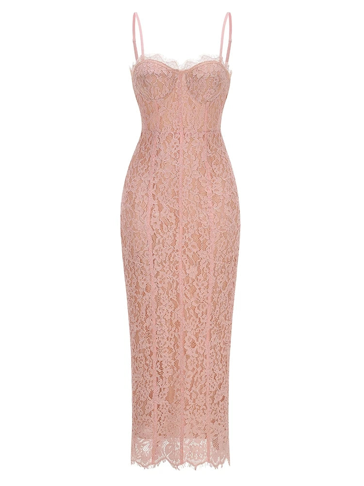 Sexy Spaghetti Strap V Neck Lace Long Dress Women Black Floral Lace Sleeveless Bodycon Dresses Elegant Evening Celebrity Party Pink