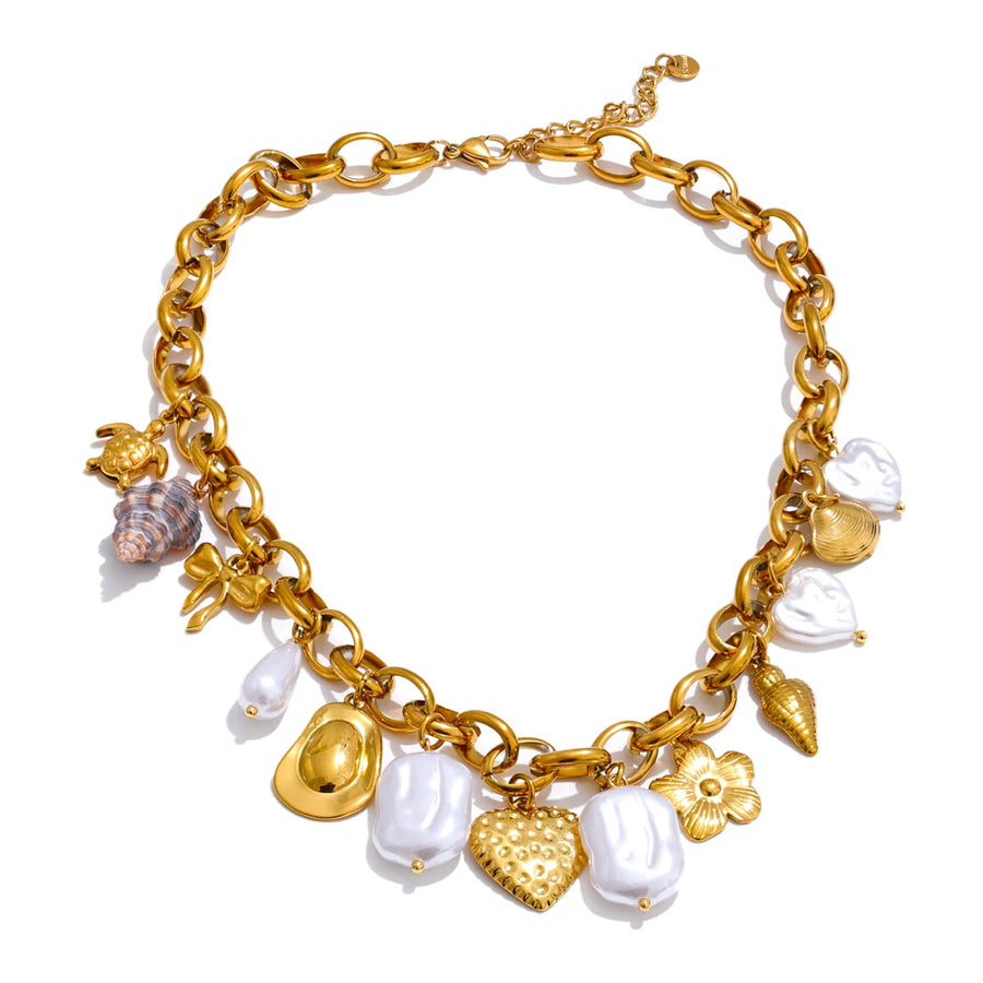 Yhpup Ocean Style Simulated Pearls Seashell Turtle Conch Heart Flower Drop Necklace 2025 Stainless Steel Handmade Jewelry New YH5375A