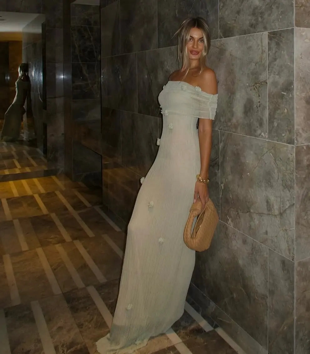 Green Off Shoulder Floral Long Dress Sexy Women's Mesh Strapless Dresses Summer Evening Wedding Guest Cocktail White Holiday New