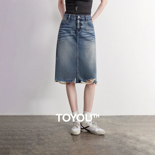 Saia Jeans Midi Feminina com Bolsos Reta