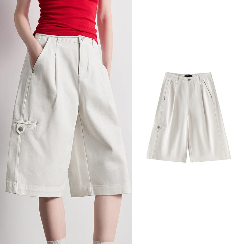 Bermuda Jeans Feminina Wide Leg com Bolsos