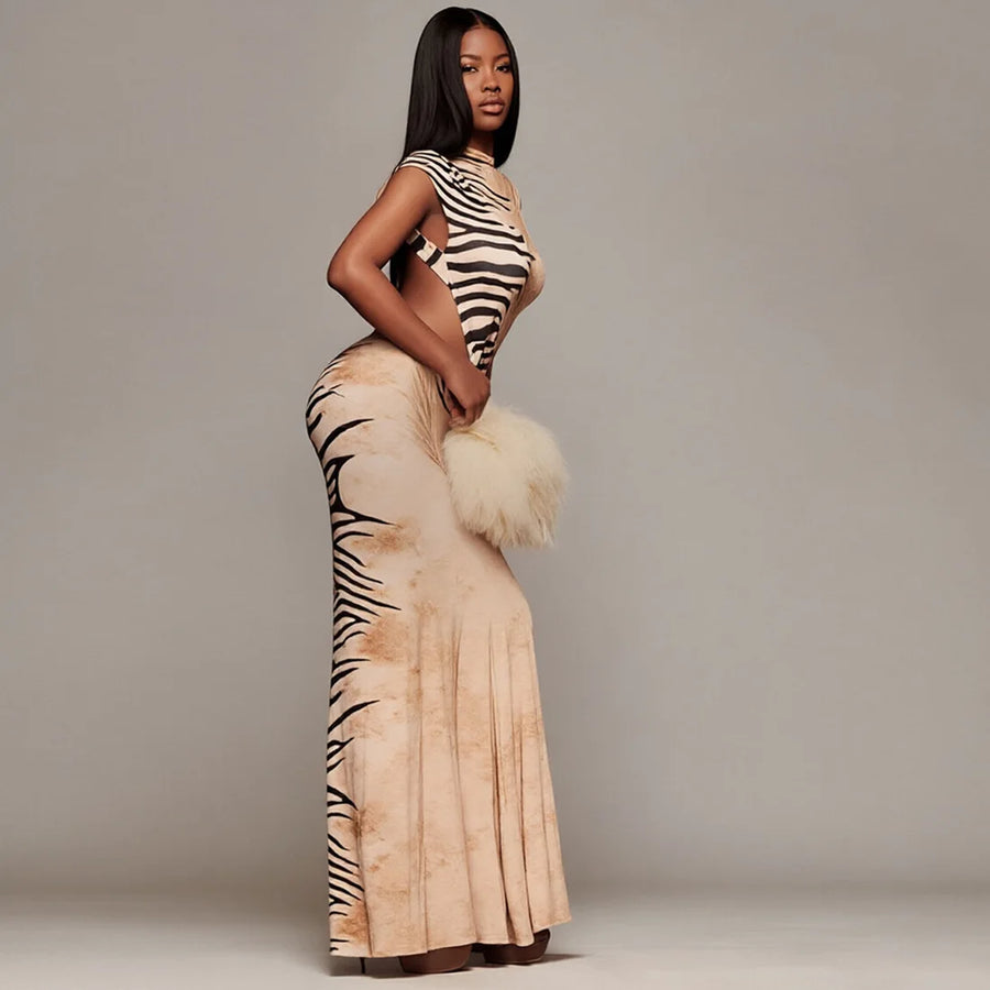 Vestido Longo Feminino Zebra com Cintura Franzida