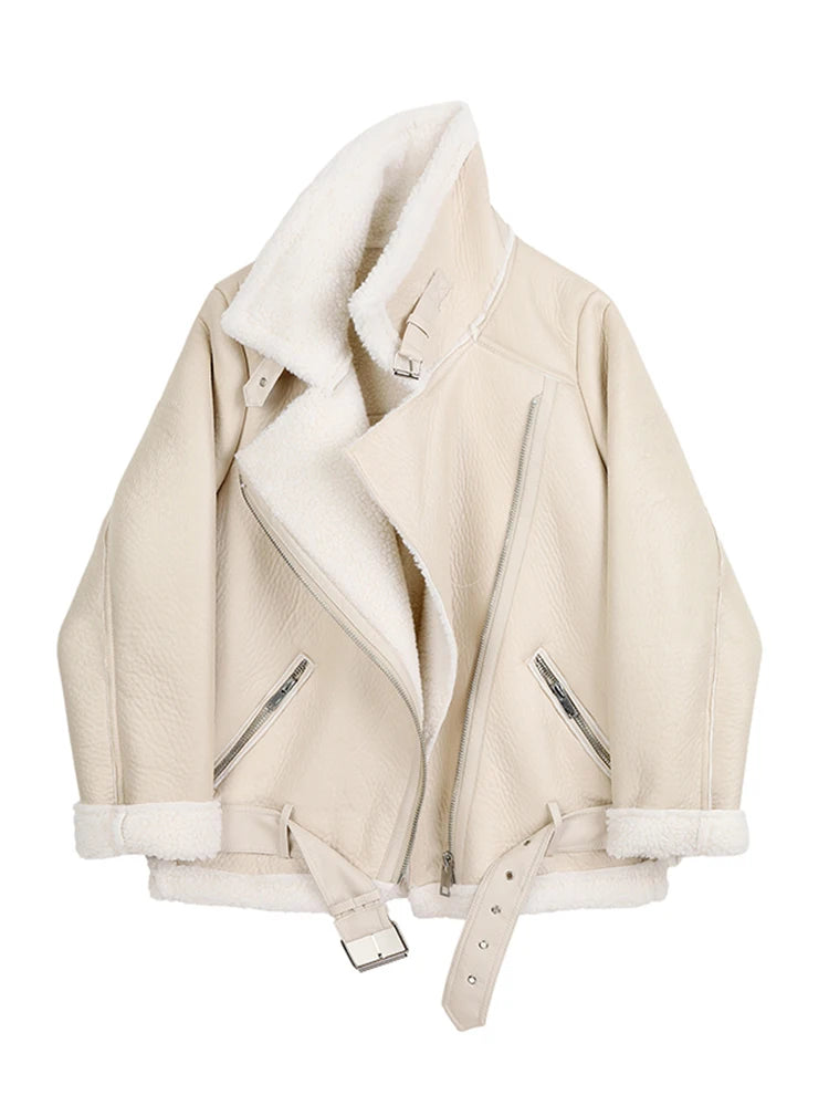 Jaqueta Aviador em Couro Sintético com Bolsos Beige China Mainland