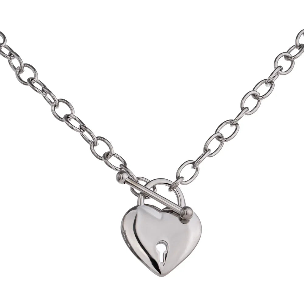 Yhpup Romantic Heart Lock Pendant Stainless Steel Necklace for Women Temperament Metal Texture 18 K Plated Choker Charm Jewelry YH157A steel