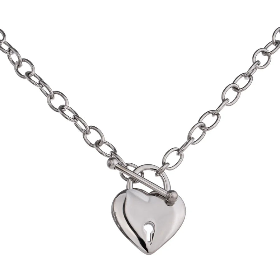 Yhpup Romantic Heart Lock Pendant Stainless Steel Necklace for Women Temperament Metal Texture 18 K Plated Choker Charm Jewelry YH157A steel