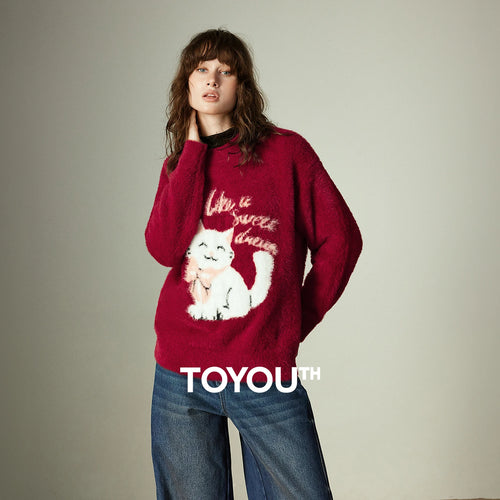 Suéter Vermelho Peluciado com Jacquard de Gato