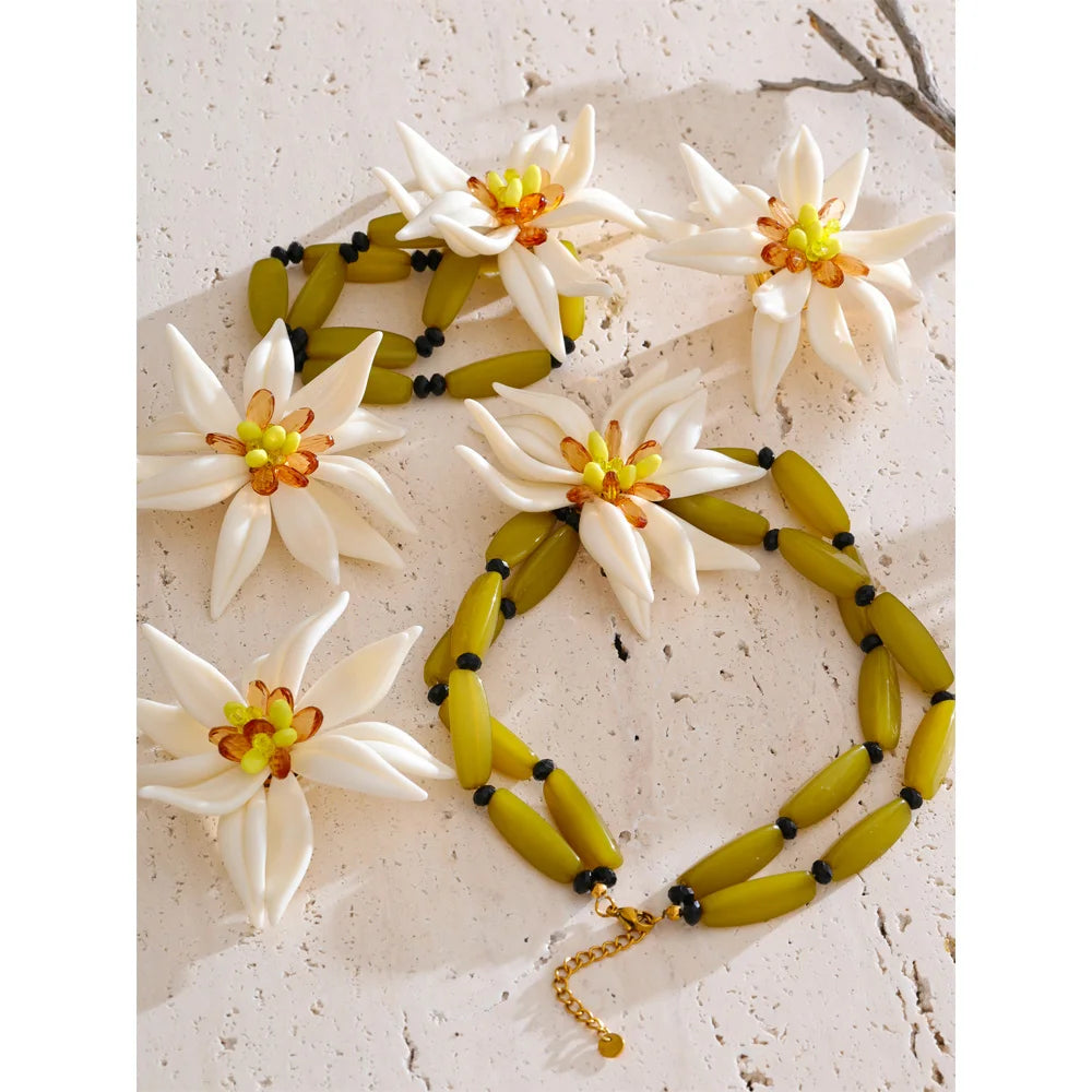 Yhpup Waterproof Trendy Petal Flower Handmade Necklace Bracelet Earrings Ring Fashion Stainless Steel PVD Plated Popular Jewelry