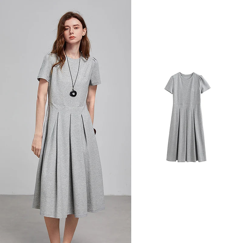 Vestido Midi de Algodão com Bordado e Manga Curta Light Gray