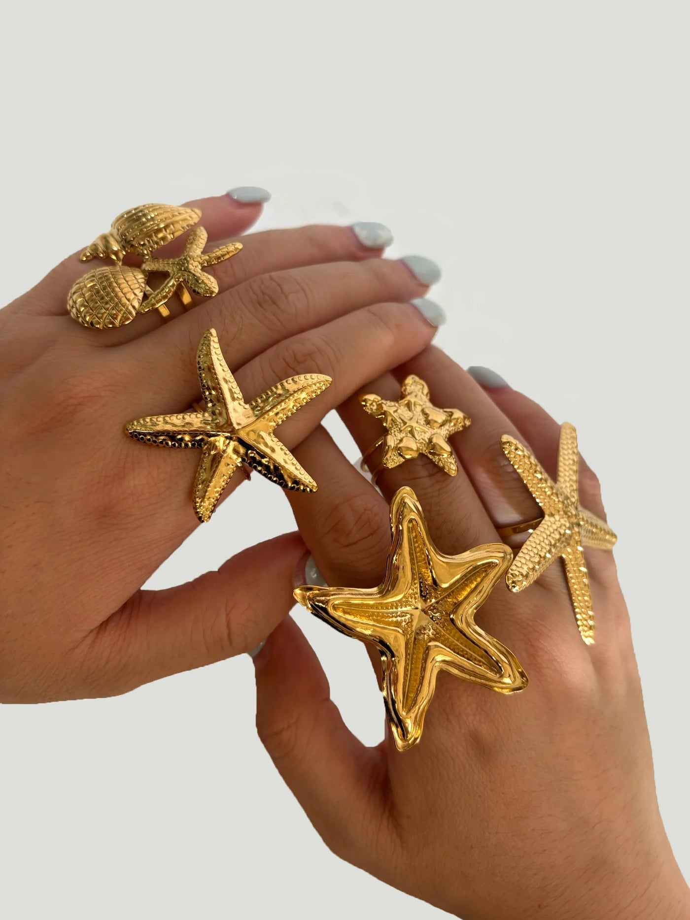 Anel Aberto Estrela-do-Mar e Concha com Banho Ouro 18K