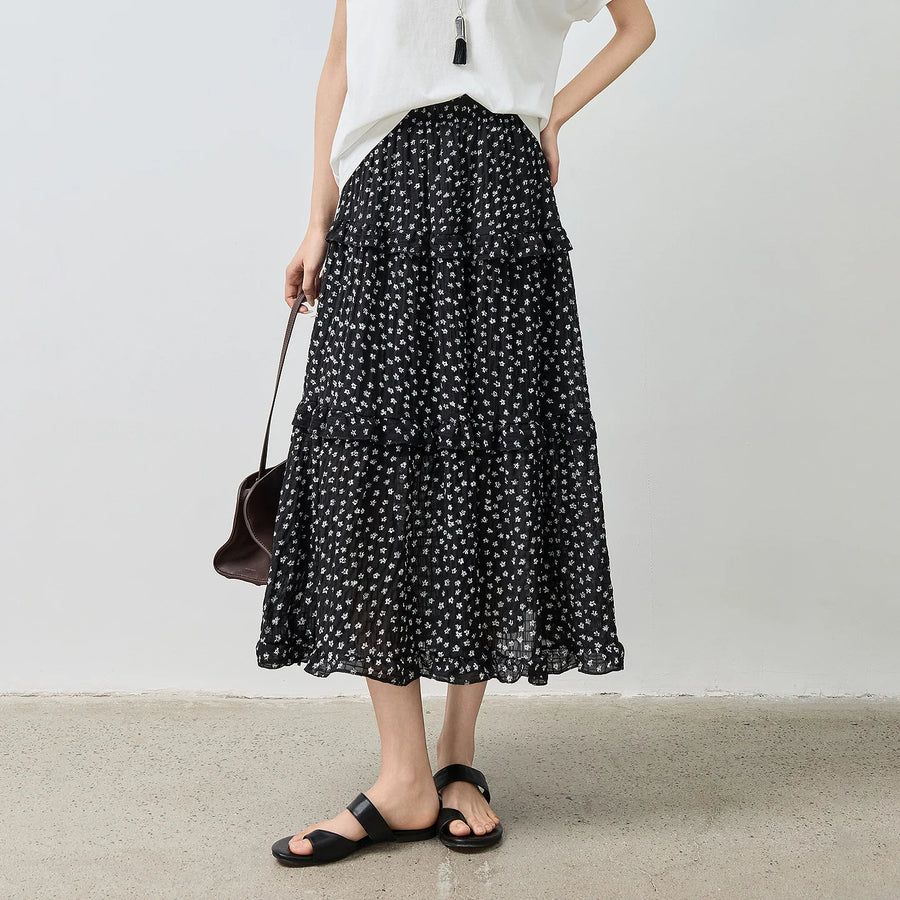Saia Midi Feminina Floral em Camadas Patchwork