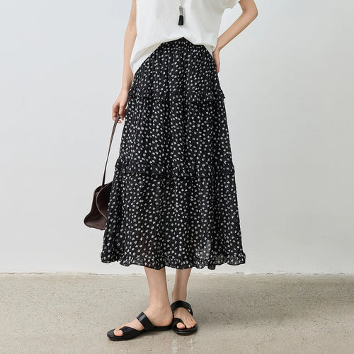Saia Midi Feminina Floral em Camadas Patchwork
