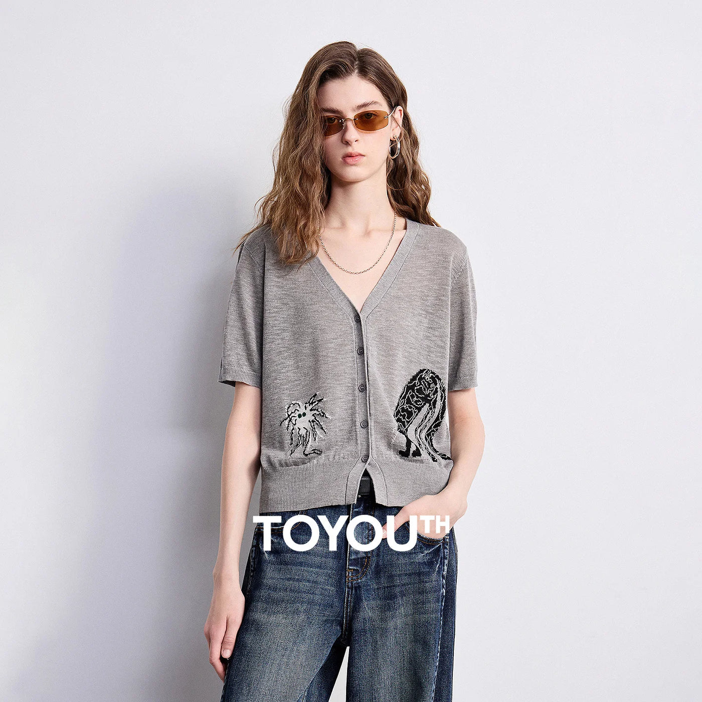 Blusa Feminina de Tricô Jacquard com Decote V e Botões